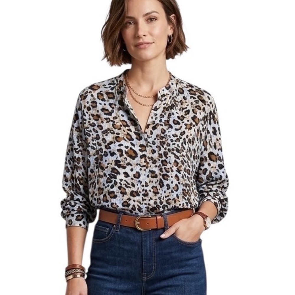 Karlie Blue Leopard Print Rayon Button Down Blouse Long Sleeve Womens Career Lg